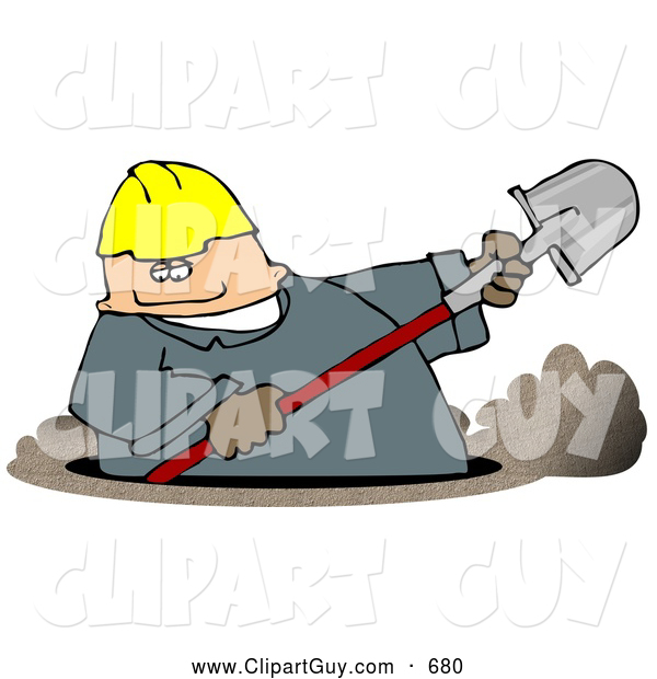 Clip Art of AChubby Caucasian Male Worker Digging a Deep Underground Hole with a Shovel