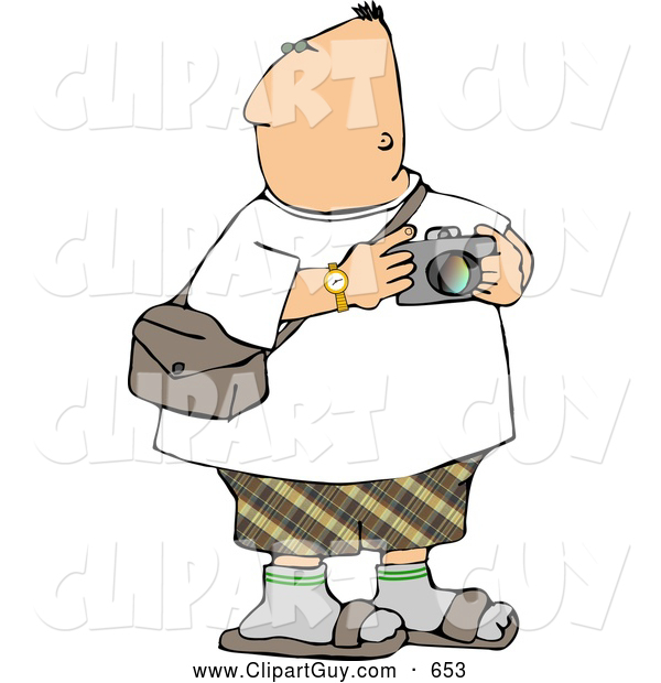 Clip Art of AChubby Tourist Looking Around with a Camera in His Hand