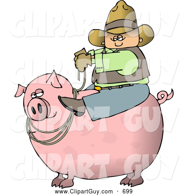 Clip Art of ACowboy Farmer Man Riding a Big Fat Pink Hog Pig