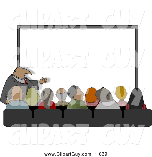 Clip Art of ACrowd of People Watching a Businessman Give His Projector PC Slideshow Presentation