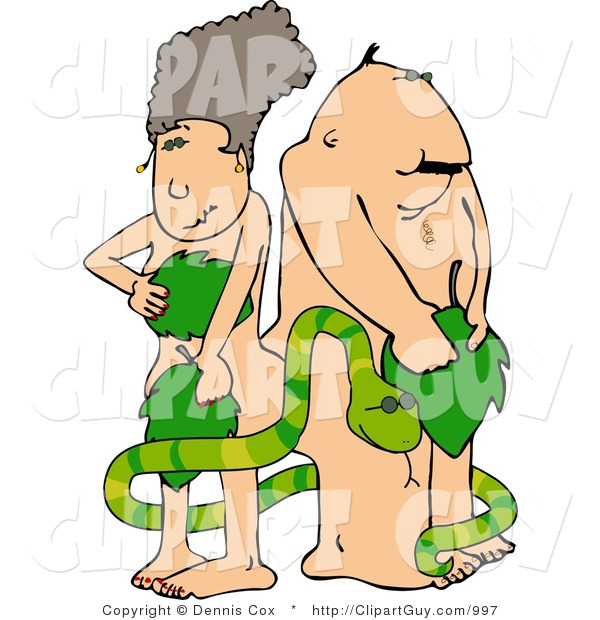 Clip Art of Adam and Eve with a Green Tree Serpent