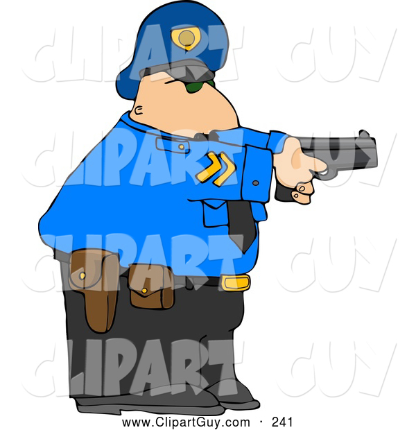 Clip Art of ADefensive Alert Policeman Pointing His Pistol at a Criminal