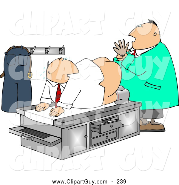 Clip Art of AEmbarrasing Picture of a Male Doctor Giving Patient a Prostate Examination - Humorous Medical Clipart