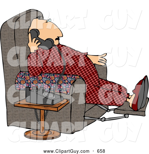 Clip Art of AFat or Overweight Couch Potato Man Talking on a Phone
