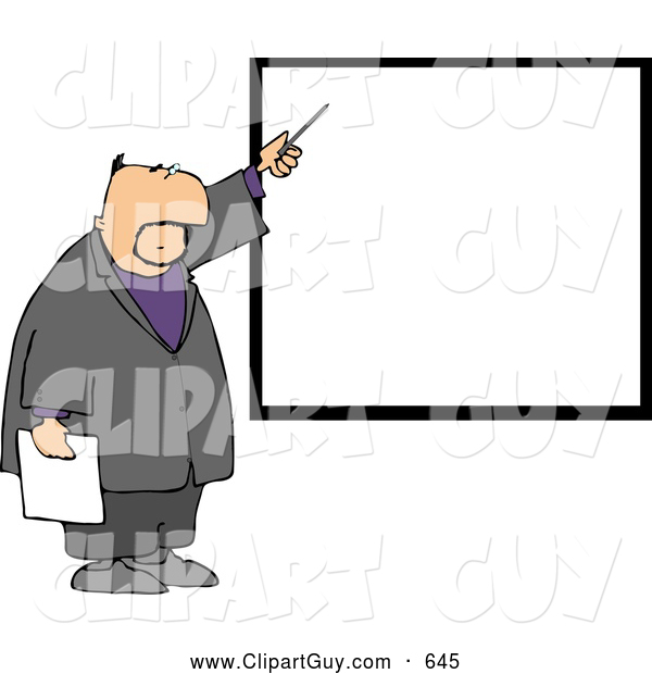Clip Art of AFriendly Businessman Pointing at a Blank Board on a Wall