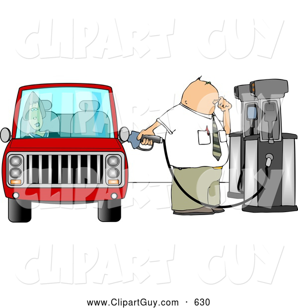 Clip Art of AFriendly Fuel Attendant Pumping Unleaded Gas into a Woman