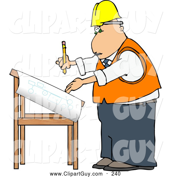 Clip Art of AFriendly Male Architectural Engineer Writing on a Blueprint with a Pencil