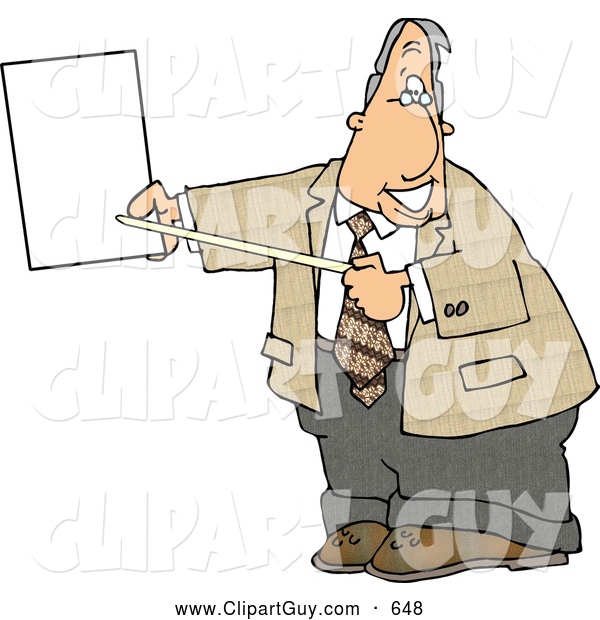 Clip Art of AFriendly Smiling Male Lawyer Pointing at an Important Blank Piece of Paper