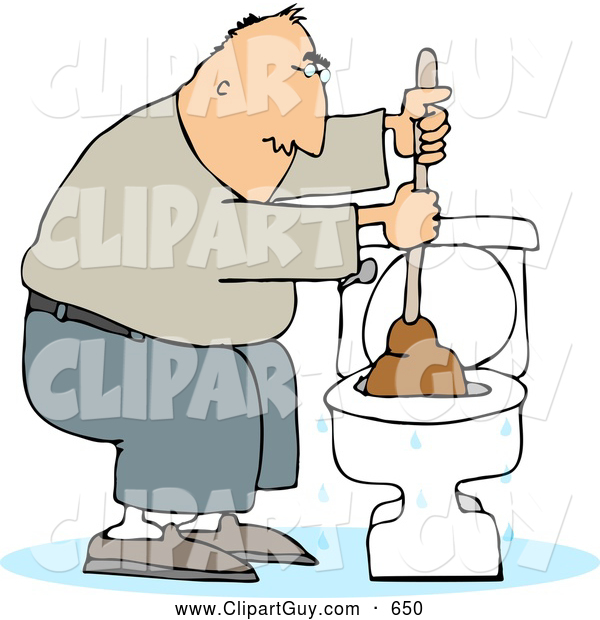 Clip Art of AFrustrated Man Plunging a Clogged Toilet