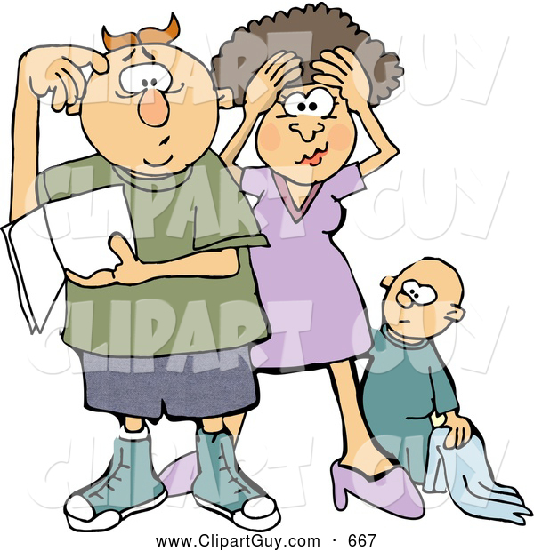 Clip Art of AFrustrated New Mom and Dad Trying to Figure out How to Raise a Baby Boy - Parenting Humor