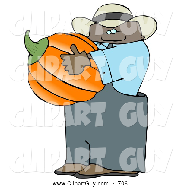 Clip Art of AHappy Ethnic Male Farmer Carrying a Pumpkin for Halloween