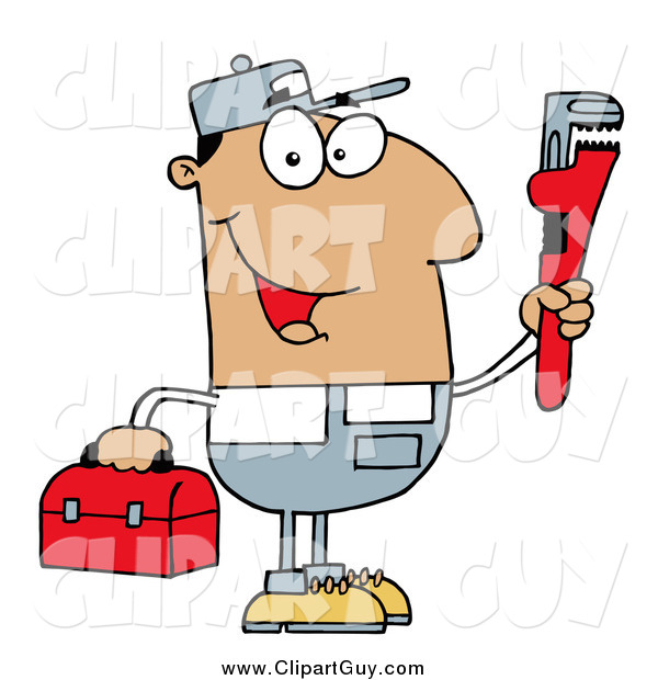 Clip Art of AHappy Hispanic Plumber Man Carrying a Wrench and Tool Box