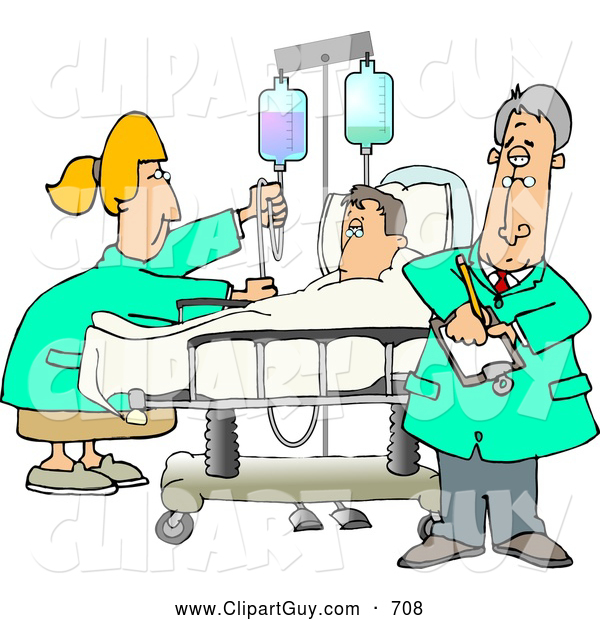 Clip Art of AHelpful Nurse and Doctor Caring for a Hospitalized Man Attached to an IV Fluid Drip Line