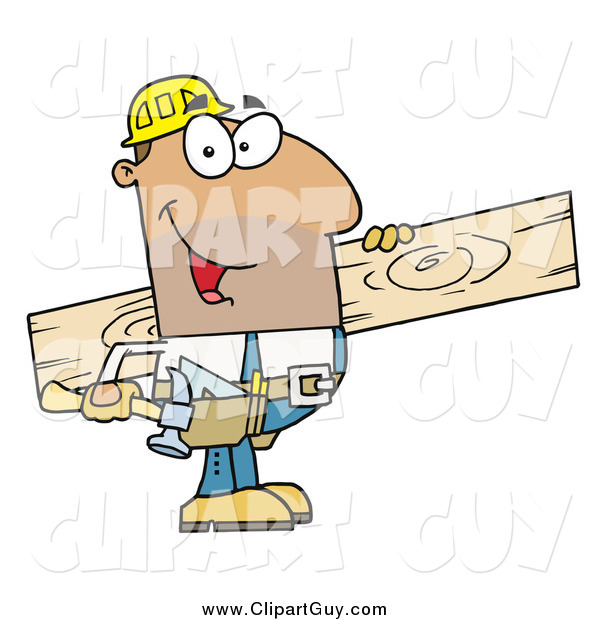 Clip Art of AHispanic Construction Worker Carrying a Wood Board