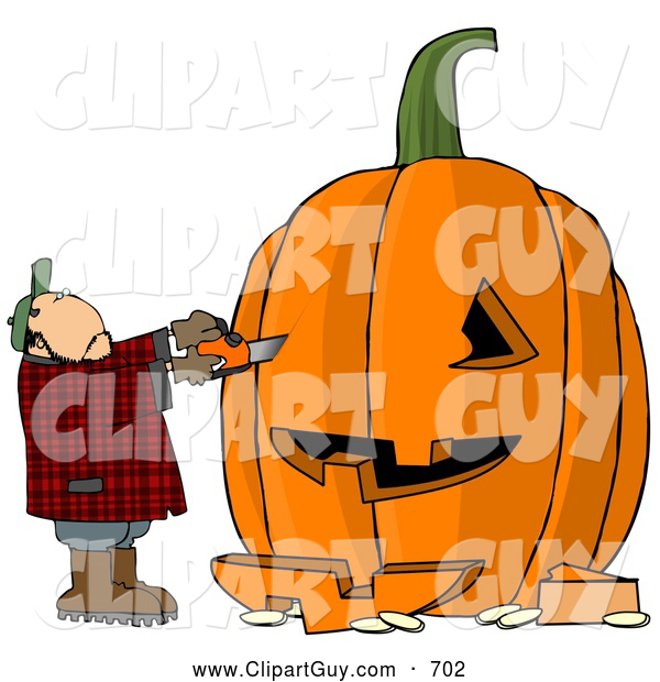 Clip Art of AMan Carving a Face into a Big Pumpkin Jack O Lantern for Halloween