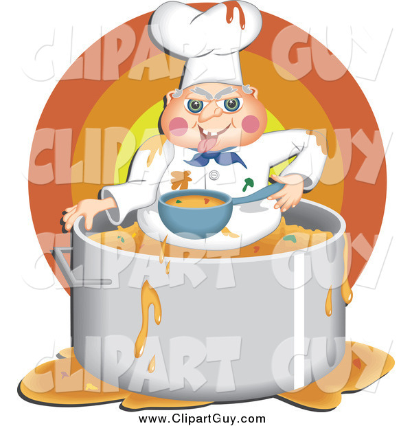 Clip Art of AMessy Chef Eating Food Inside His Pot