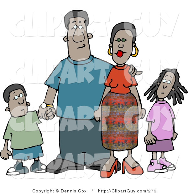 Clip Art of an African American Family Standing Together As a Group - Mother, Father, Son and Daughter