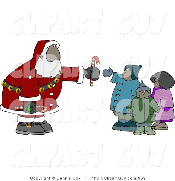 Clip Art of an African American Santa Claus Man Handing out Candy Canes to a Group of Kids
