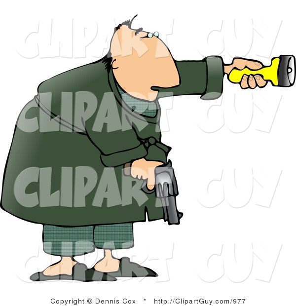 Clip Art of an Alert Man at Night, Pointing a Flashlight and Holding a Pistol for Protection