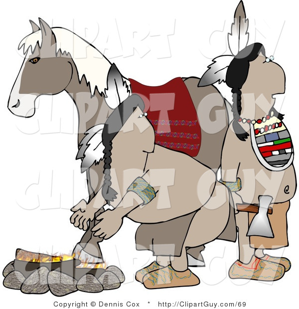 Clip Art of an Alert Pair of Native Americans Standing Beside a Campfire and Horse