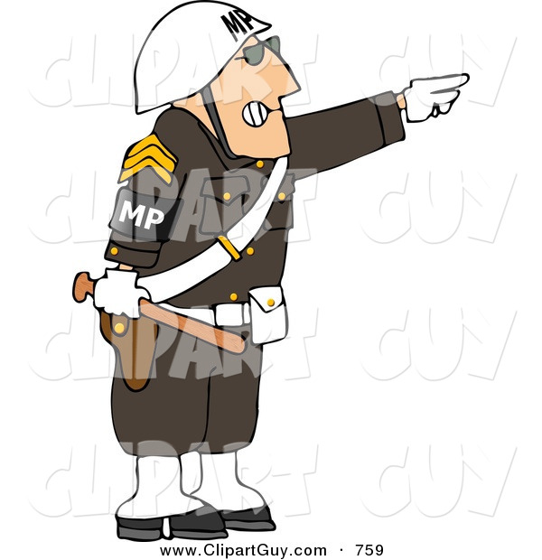 Clip Art of an Angry Male Military Police Officer Directing People to Move by Pointing His Finger to the Side