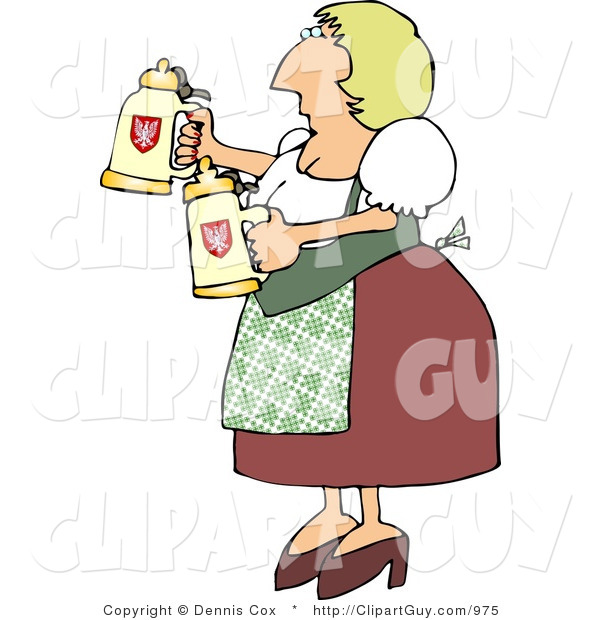 Clip Art of an Oktoberfest German Woman Serving Beer in Steins to Customers