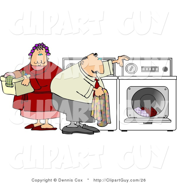 Clip Art of an Overweight Man and Woman Washing Their Laundry Together on Laundry Day