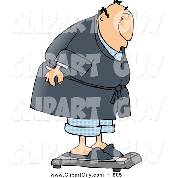 Clip Art of an Overweight Man Weighing Himself on a Standard Bathroom Scale