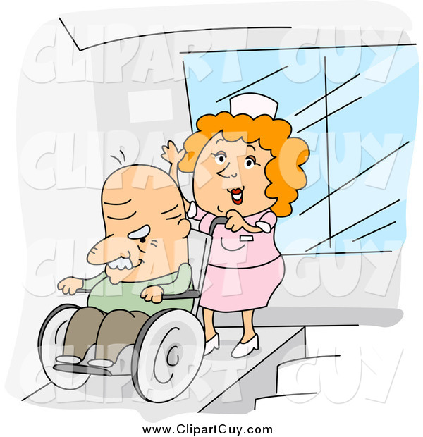 Clip Art of ANurse Pushing an Old Man in a Wheelchair