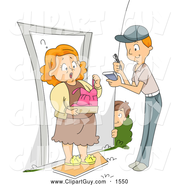 Clip Art of APrankster Boy Having a Funny Dress Delivered to His Mom