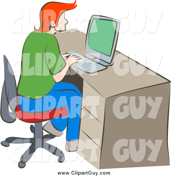 Clip Art of ARed Haired Guy Using a Computer at a Desk