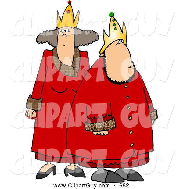 Clip Art of ARoyal King and Queen Wearing Red Robes and Gold on White