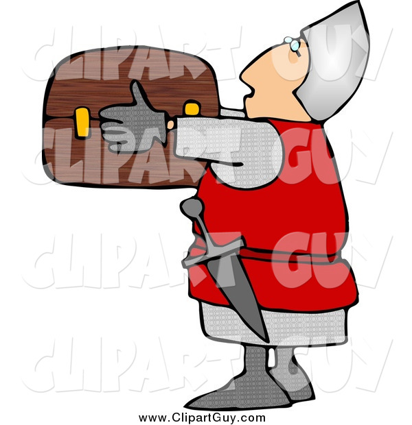 Clip Art of ASoldier Holding a Wooden Treasure Chest