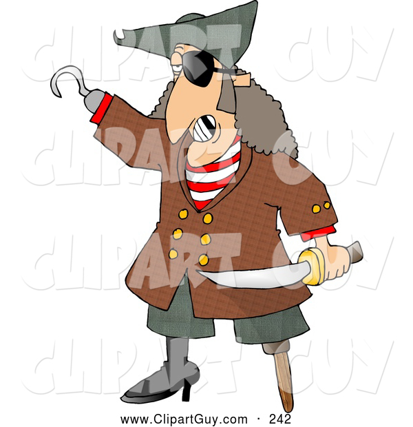 Clip Art of ASpooky Pirate with Missing Teeth, Hook Hand, Holding a Knife, and a Wooden Leg