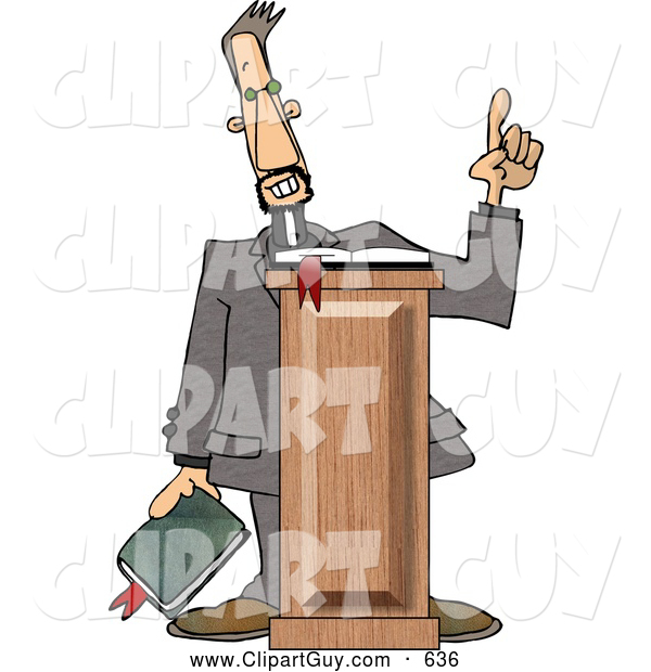 Clip Art of ATall Christian Preacher Holding a Bible and Giving a Speech from Behind a Podium