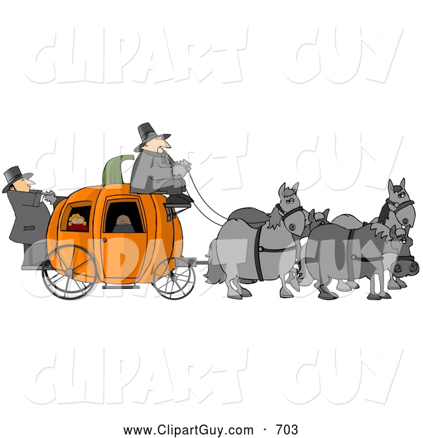 Clip Art of ATeam of Horses Pulling People on a Pumpkin Carriage