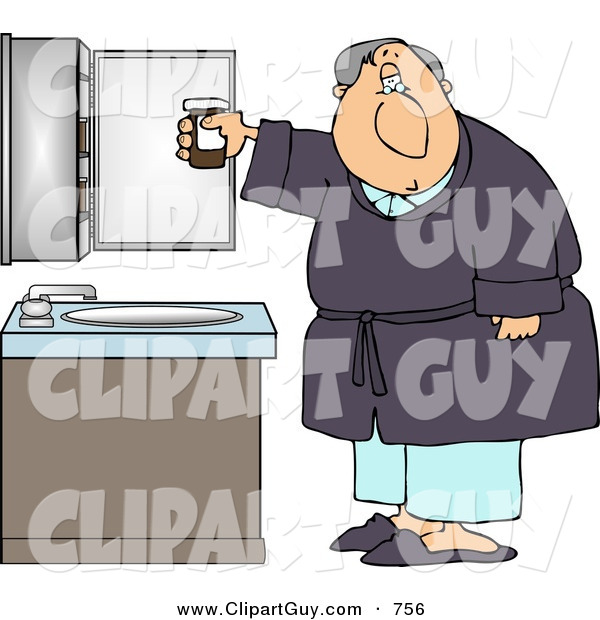 Clip Art of ATired Elderly Bedtime Man with a Headache Holding a Bottle of Pain Pills