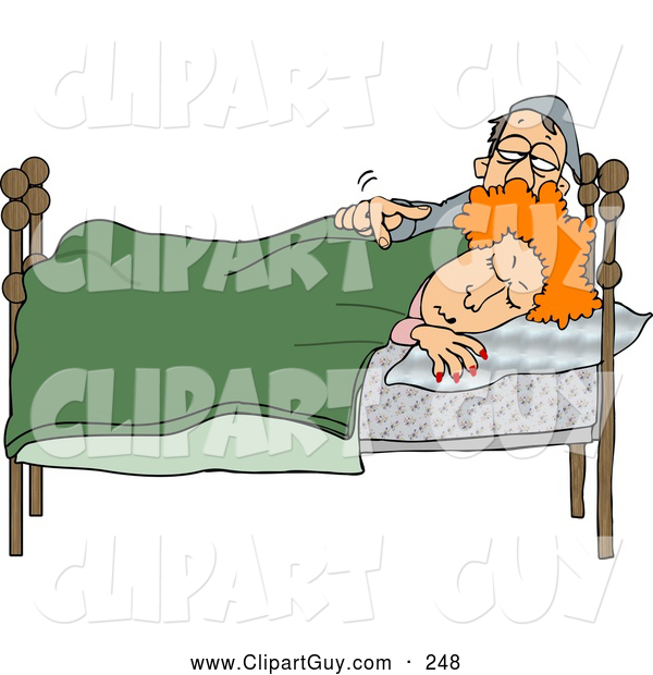 Clip Art of ATired Husband Trying to Wake up His Wife in Bed During the Early Morning