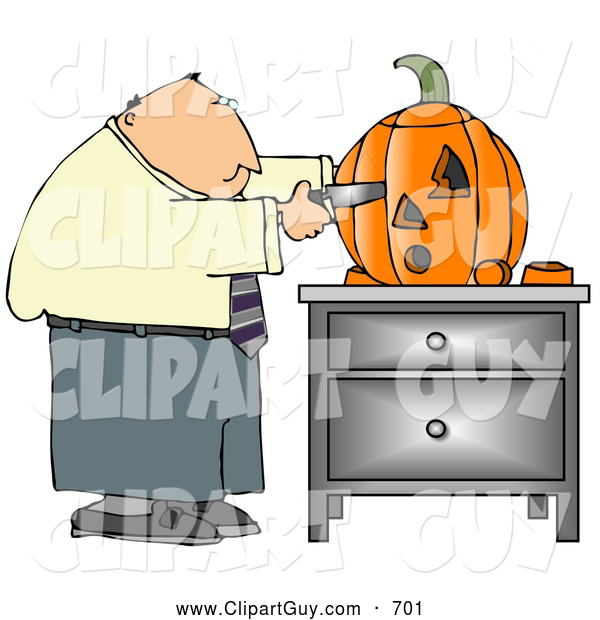 Clip Art of AWhite Businessman Carving a Halloween Pumpkin with a Knife