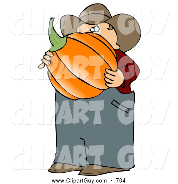 Clip Art of AWhite Caucasian Male Farmer Carrying a Freshly Harvested Halloween Pumpkin from His Garden