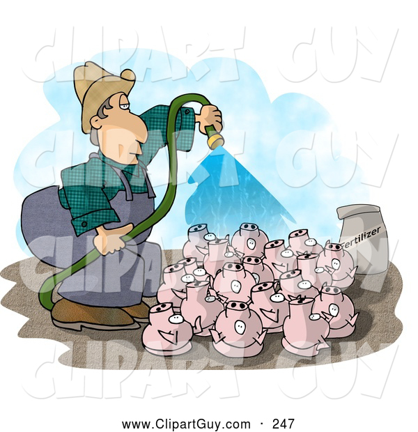 Clip Art of AWhite Farmer Watering His Pigs with Fertilizer - Livestock Concept