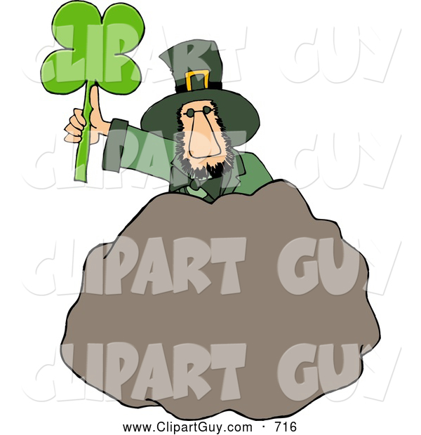 Clip Art of AWhite Leprechaun Standing Behind a Bolder with a Four Leaf Clover Leaf