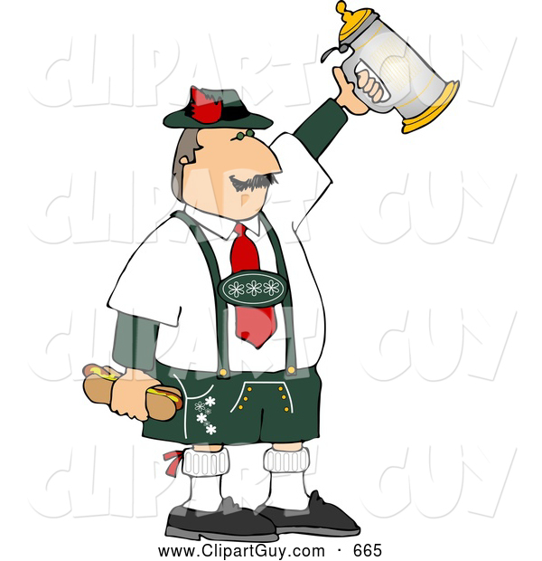 Clip Art of AWhite Man Celebrating Oktoberfest with a Beer Stein and Hot Dogs