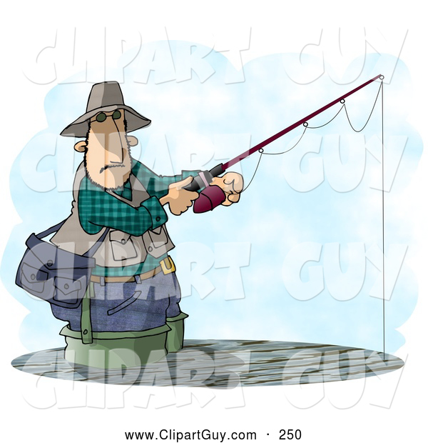 Clip Art of AWhite Man Fishing in a Lake with a Standard Rod and Reel Fishing Pole