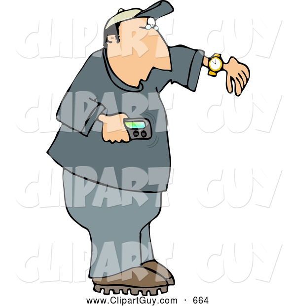 Clip Art of AWhite Man Holding a Vibrating Pager and Checking the Time on His Wrist Watch