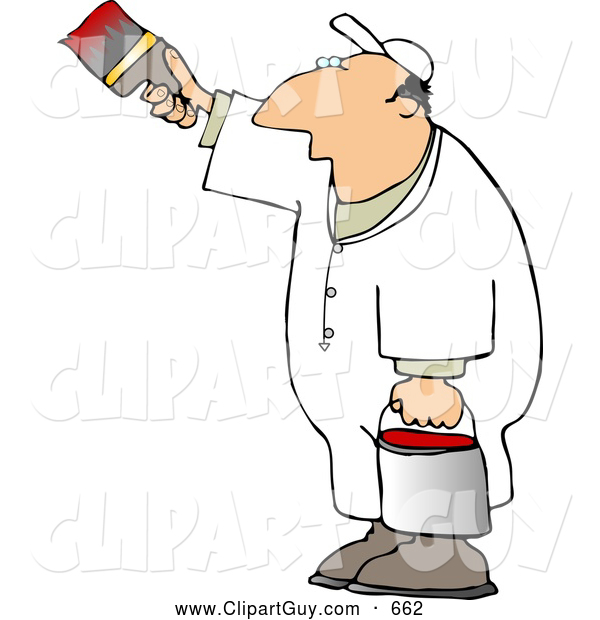 Clip Art of AWhite Man Painting a Vertical Surface with Red Paint