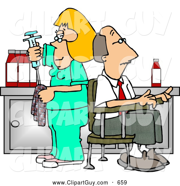 Clip Art of AWhite Nurse Cleaning Needle After Drawing Blood Samples from Male Patient - Medical Humor