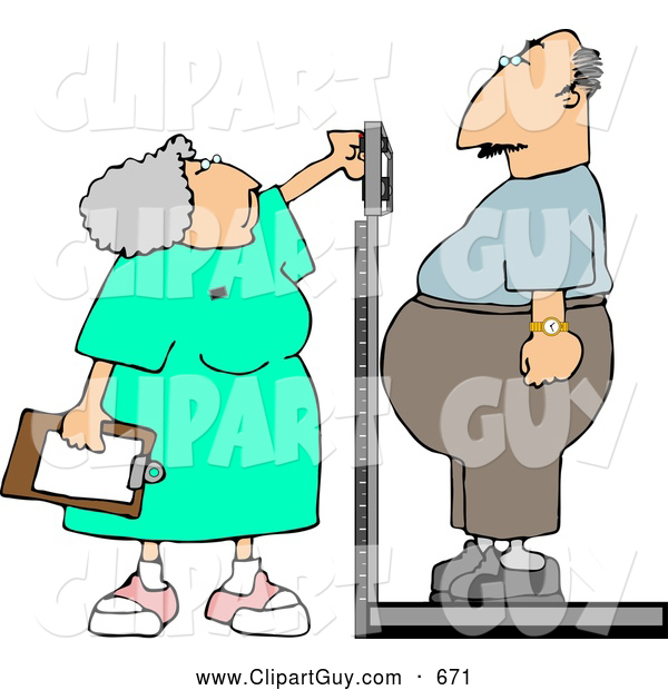 Clip Art of AWhite Nurse Weighing Overweight Man on a Scale