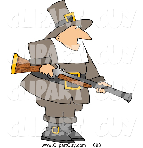 Clip Art of AWhite Pilgrim Man Hunting for Wild Turkey - Thanksgiving Clipart