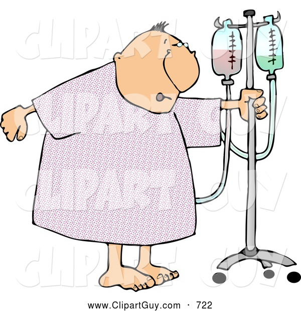 Clip Art of AWhite Recovering Elderly Male Patient Walking Around a Hospital with a Portable IV Drip Line Attached to Him